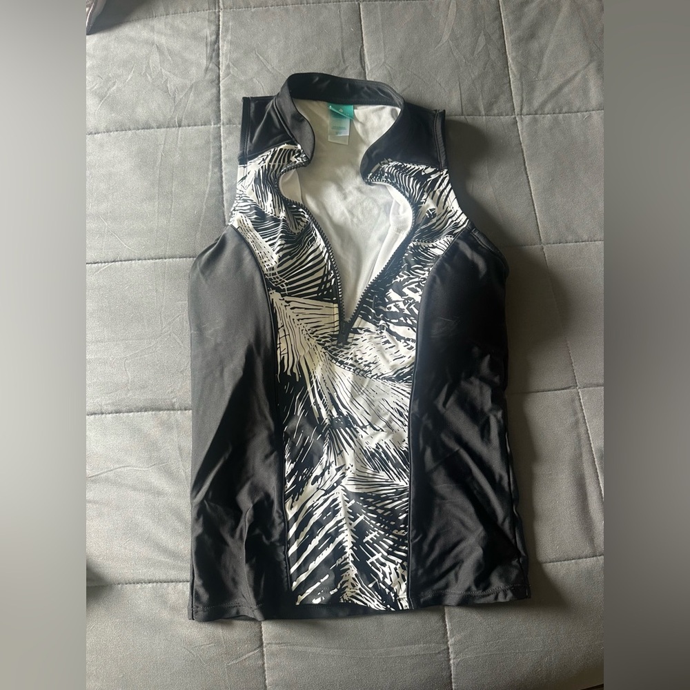 Coastal Blue Black and White Zip up Swim Top- Women’s M